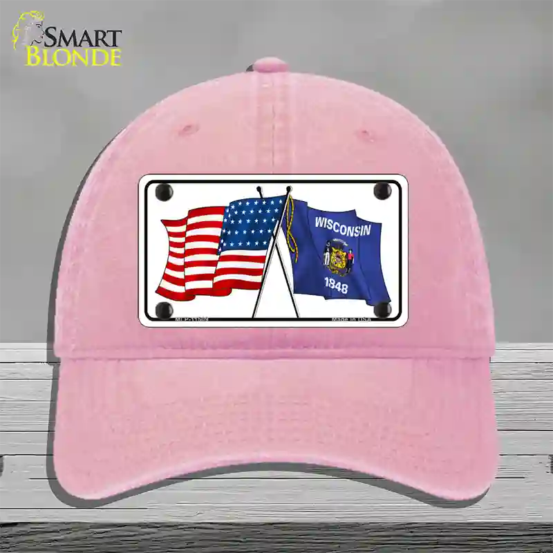 Wisconsin Crossed US Flag Novelty License Plate Hat Unconstructed Cotton / Pink