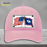 Wyoming Crossed US Flag Novelty License Plate Hat Unconstructed Cotton / Pink