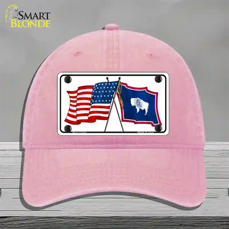 Wyoming Crossed US Flag Novelty License Plate Hat Unconstructed Cotton / Pink