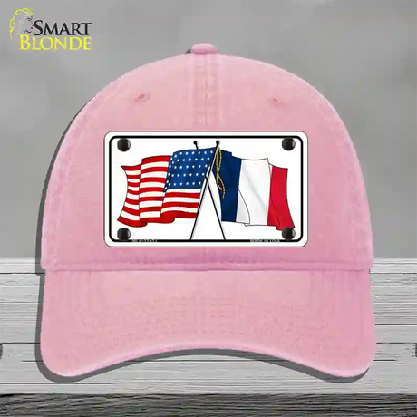 France Crossed US Flag Novelty License Plate Hat Unconstructed Cotton / Pink