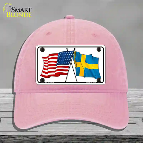 Sweden Crossed US Flag Novelty License Plate Hat Unconstructed Cotton / Pink