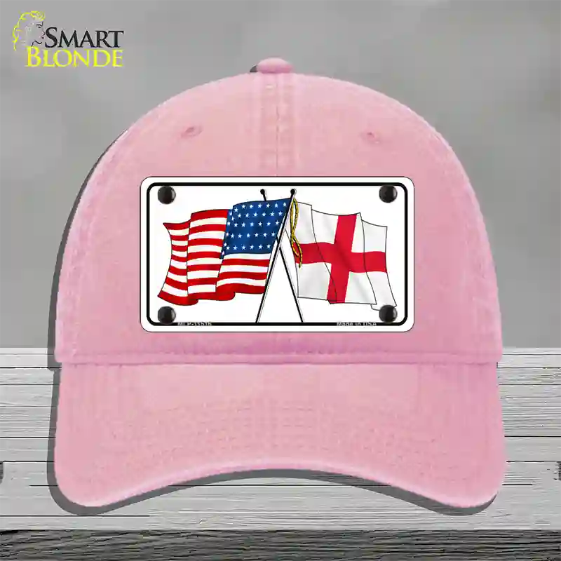 England Crossed US Flag Novelty License Plate Hat Unconstructed Cotton / Pink