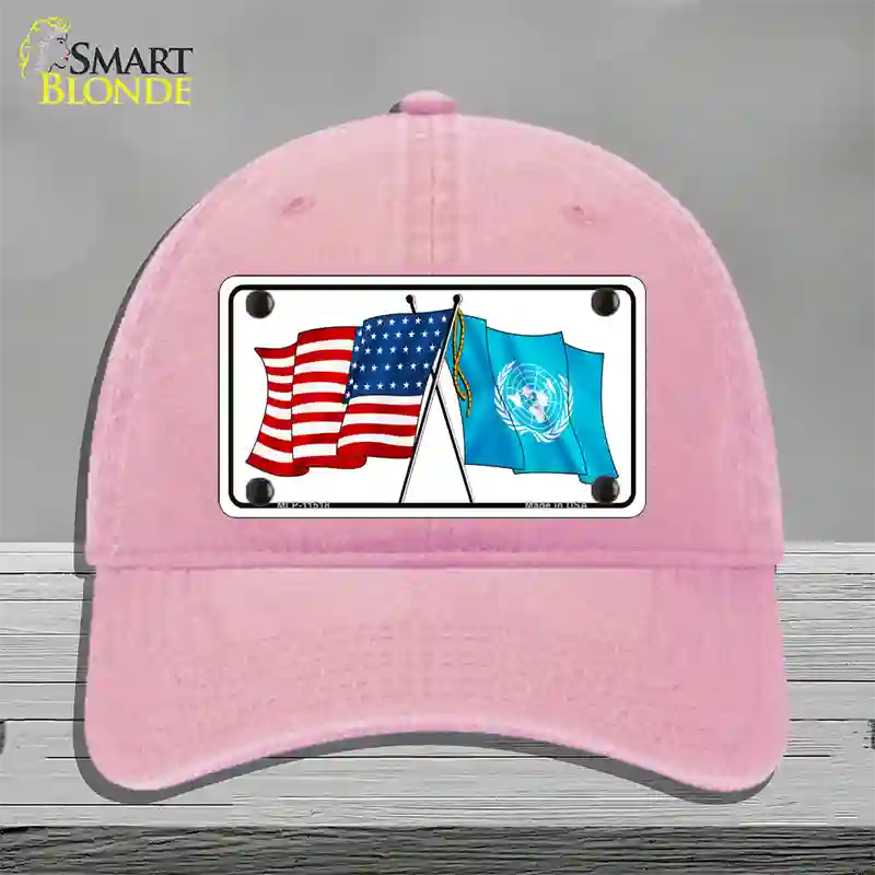 United Nation Crossed US Flag Novelty License Plate Hat Unconstructed Cotton / Pink