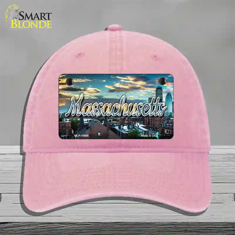 Massachusetts Sunset Skyline State Novelty License Plate Hat Unconstructed Cotton / Pink