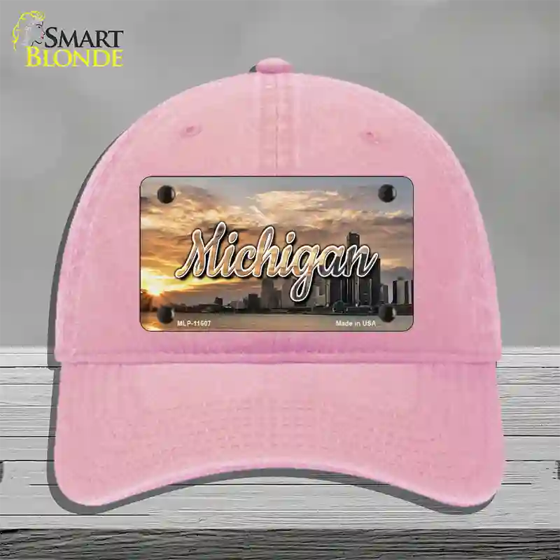 Michigan City Sunset State Novelty License Plate Hat Unconstructed Cotton / Pink