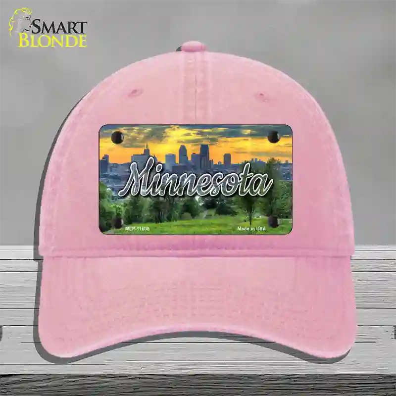 Minnesota City Skyline Sunset State Novelty License Plate Hat Unconstructed Cotton / Pink