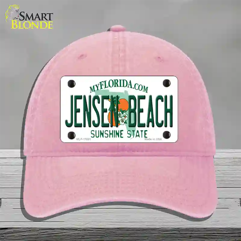 Jensen Beach Florida Novelty License Plate Hat Unconstructed Cotton / Pink