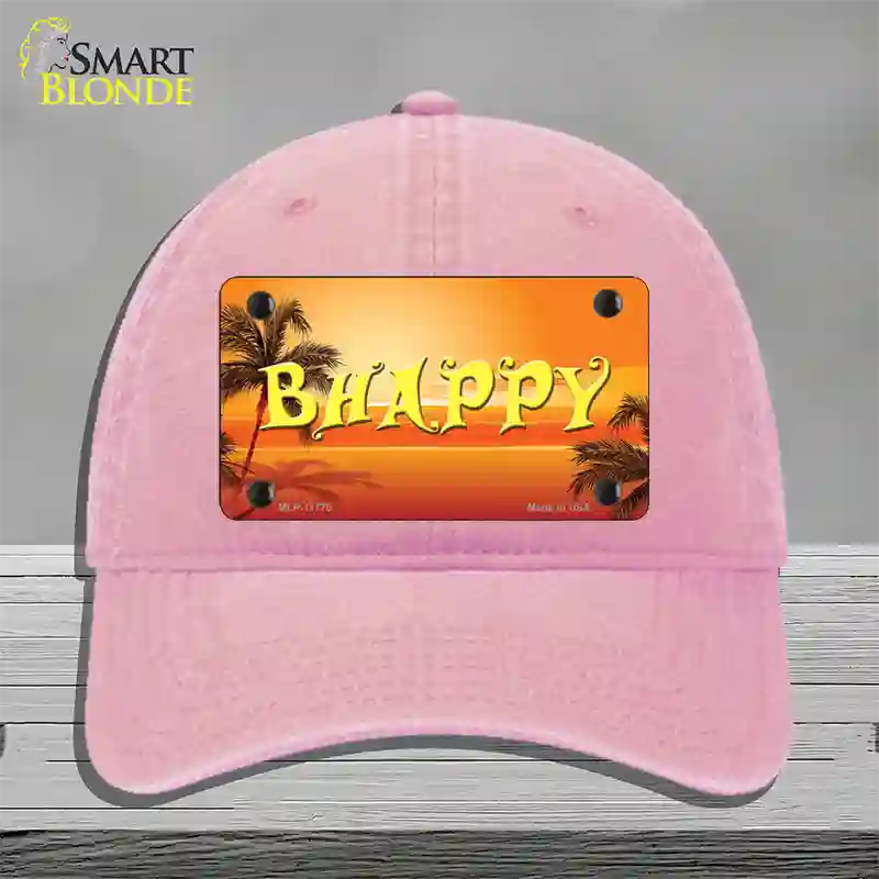 Be Happy Beach Scene Novelty License Plate Hat Unconstructed Cotton / Pink