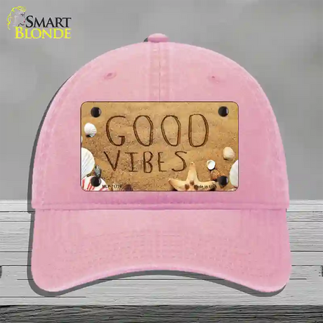 Good Vibes in the Sand Novelty License Plate Hat Unconstructed Cotton / Pink