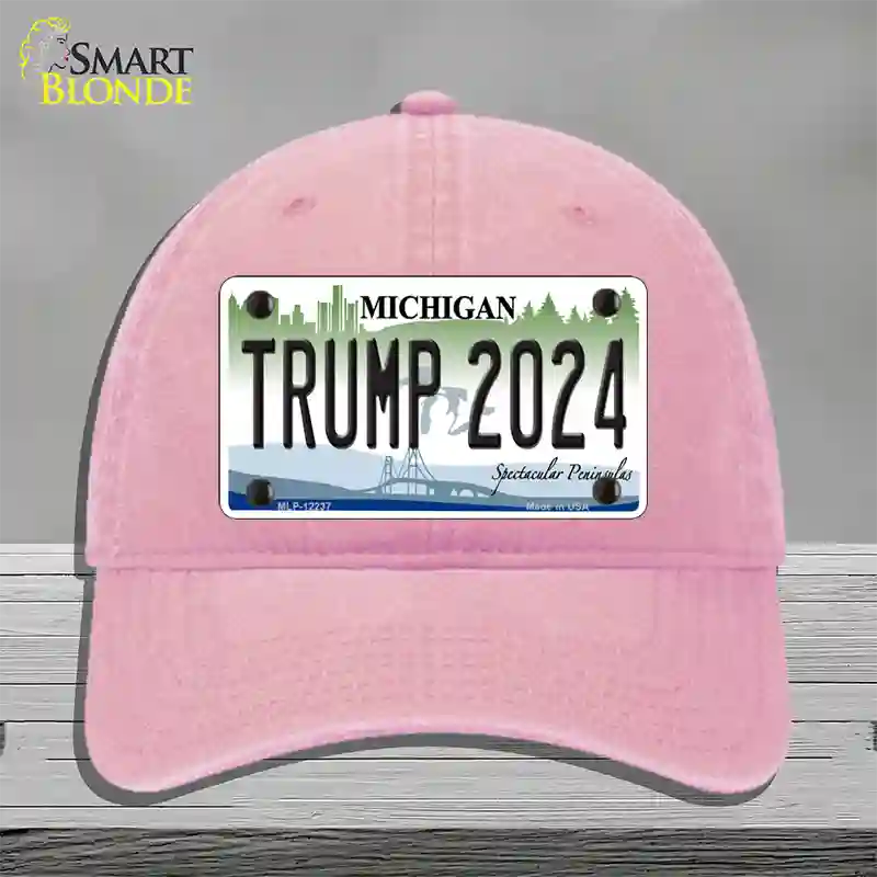 Trump 2024 Michigan Novelty License Plate Hat Unconstructed Cotton / Pink