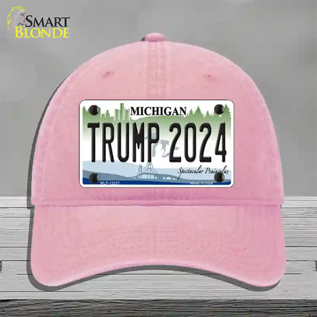 Trump 2024 Michigan Novelty License Plate Hat Unconstructed Cotton / Pink