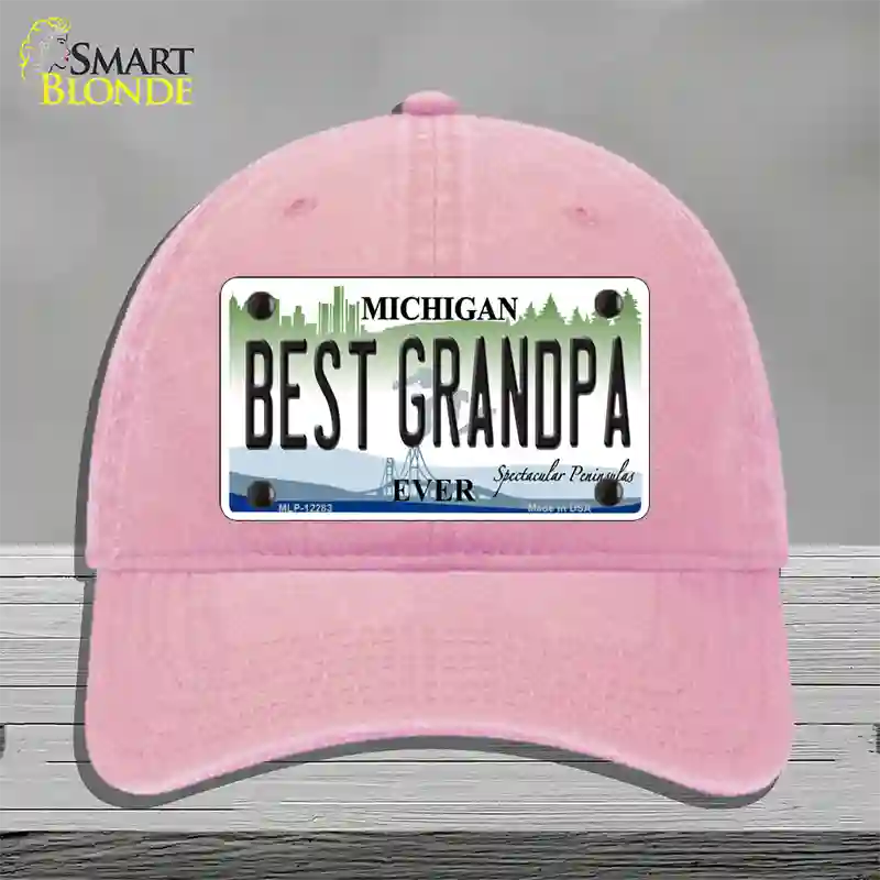 Michigan Best Grandpa Novelty License Plate Hat Unconstructed Cotton / Pink