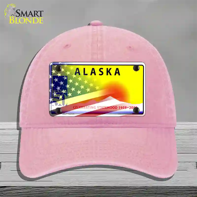 Alaska State Blank Novelty License Plate Hat Unconstructed Cotton / Pink / Alaska Statehood (2216):https | Half American Flag | Yes