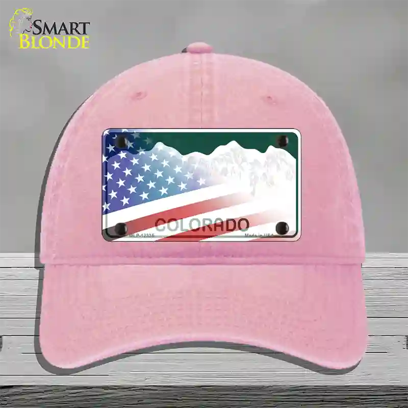 Colorado with American Flag Novelty License Plate Hat Unconstructed Cotton / Pink