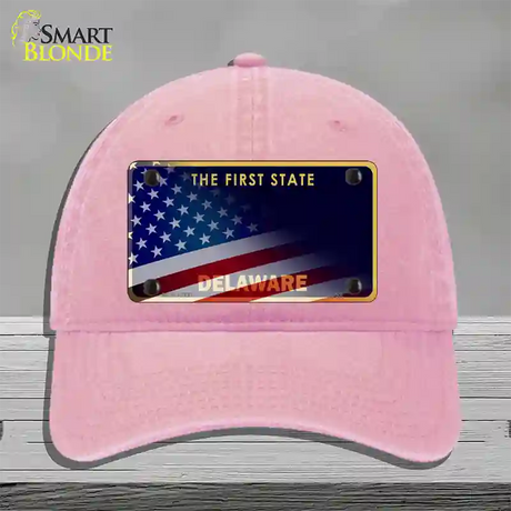 Delaware with American Flag Novelty License Plate Hat Unconstructed Cotton / Pink