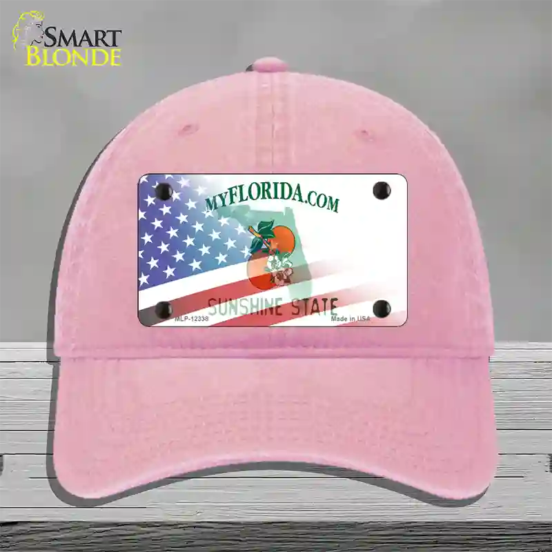 Florida with American Flag Novelty License Plate Hat Unconstructed Cotton / Pink