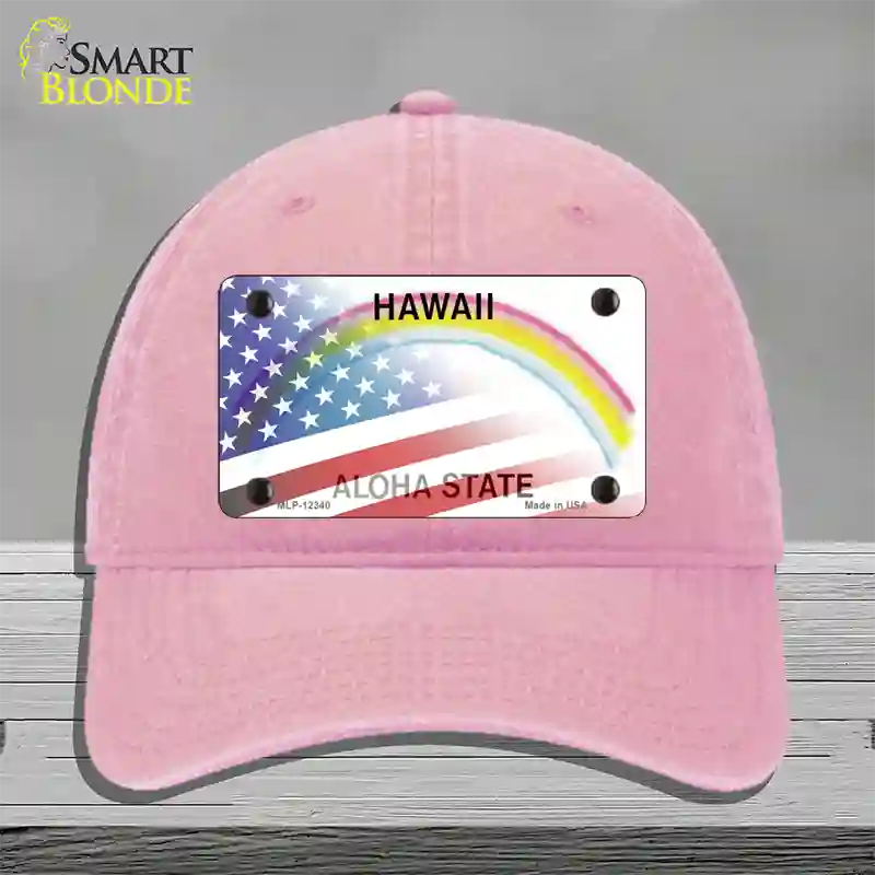 Hawaii with American Flag Novelty License Plate Hat Unconstructed Cotton / Pink