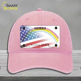 Hawaii with American Flag Novelty License Plate Hat Unconstructed Cotton / Pink