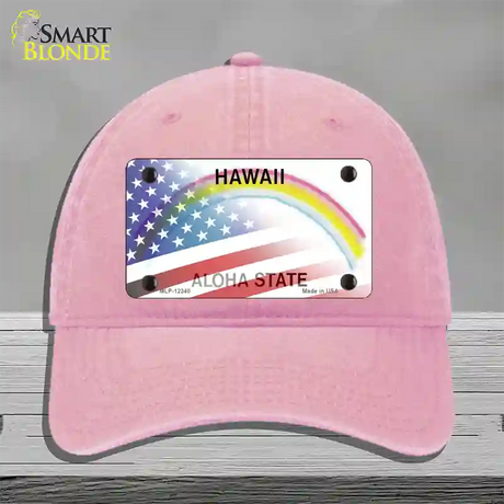 Hawaii with American Flag Novelty License Plate Hat Unconstructed Cotton / Pink