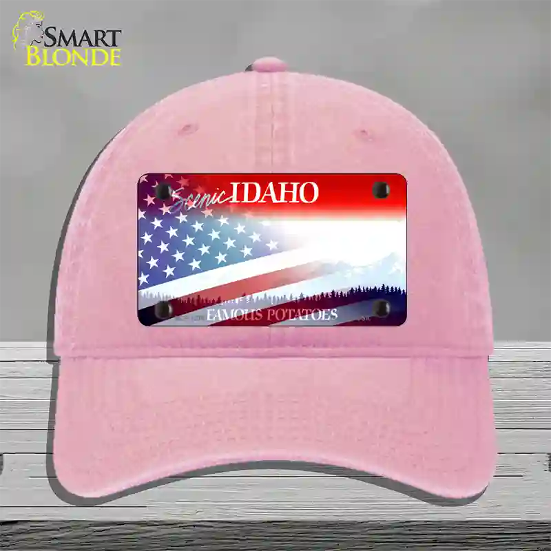 Idaho with American Flag Novelty License Plate Hat Unconstructed Cotton / Pink