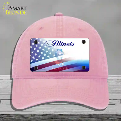 Illinois with American Flag Novelty License Plate Hat Unconstructed Cotton / Pink