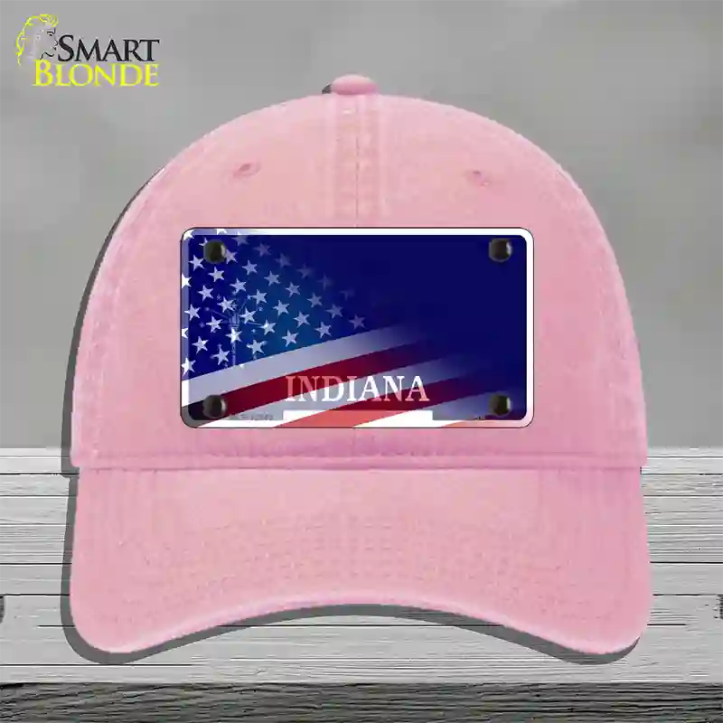 Indiana with American Flag Novelty License Plate Hat Unconstructed Cotton / Pink