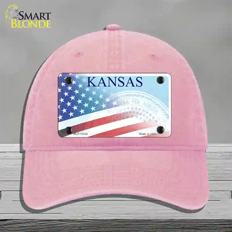 Kansas with American Flag Novelty License Plate Hat Unconstructed Cotton / Pink