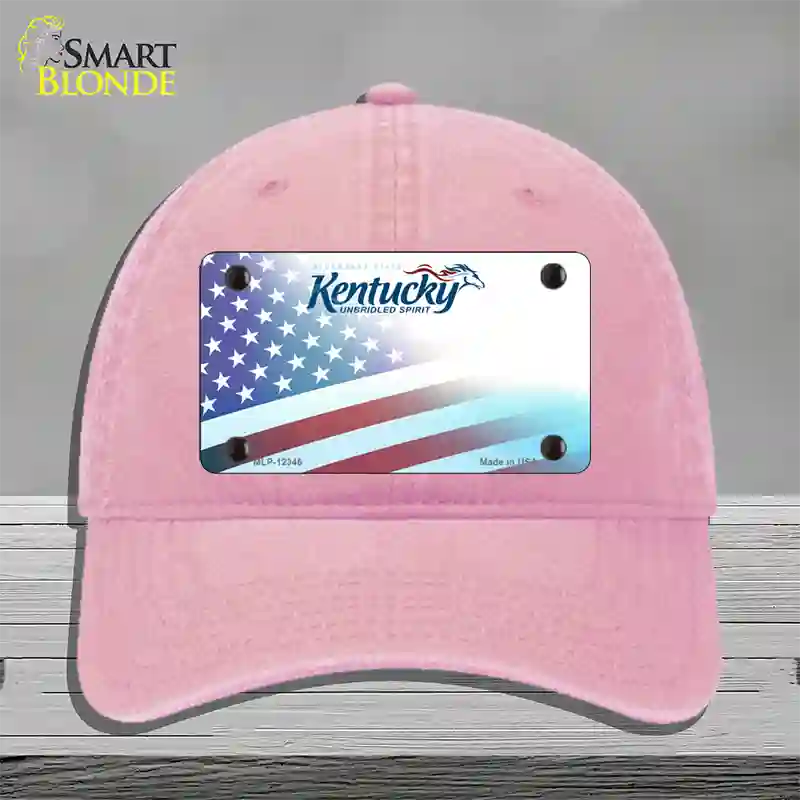 Kentucky with American Flag Novelty License Plate Hat Unconstructed Cotton / Pink