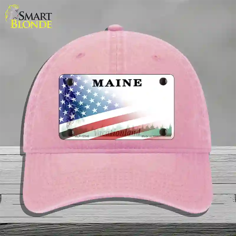 Maine with American Flag Novelty License Plate Hat Unconstructed Cotton / Pink