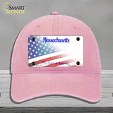 Massachusetts with American Flag Novelty License Plate Hat Unconstructed Cotton / Pink