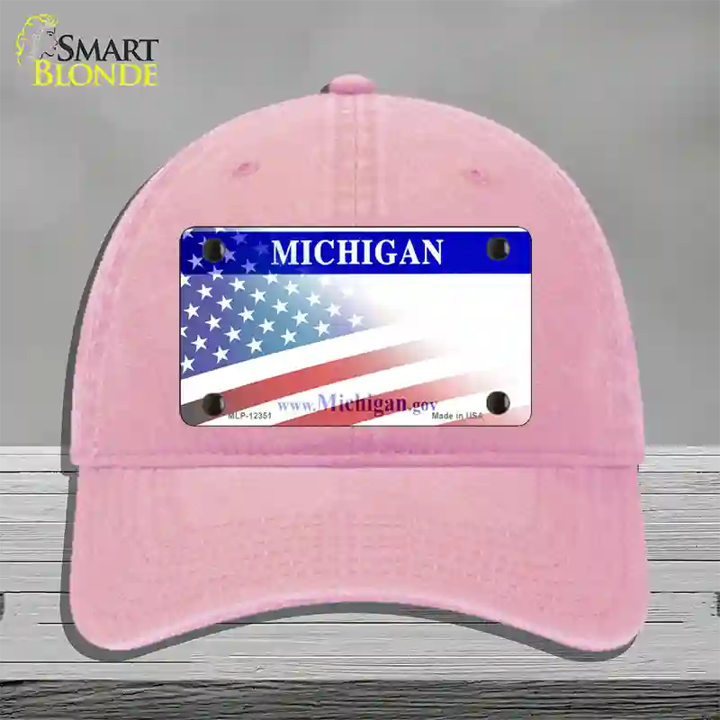 Michigan with American Flag Novelty License Plate Hat Unconstructed Cotton / Pink