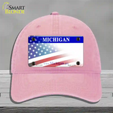 Michigan with American Flag Novelty License Plate Hat Unconstructed Cotton / Pink