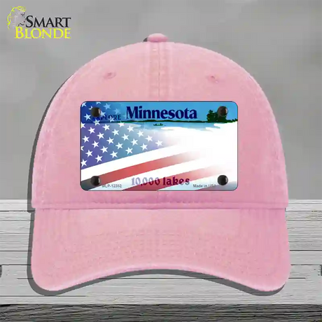 Minnesota with American Flag Novelty License Plate Hat Unconstructed Cotton / Pink