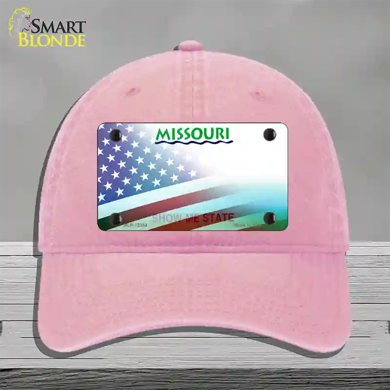 Missouri with American Flag Novelty License Plate Hat Unconstructed Cotton / Pink