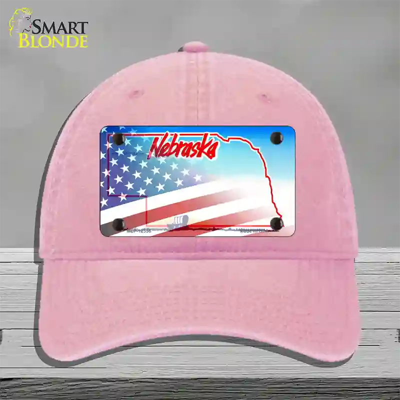 Nebraska with American Flag Novelty License Plate Hat Unconstructed Cotton / Pink