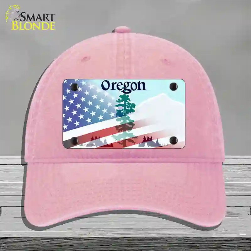 Oregon with American Flag Novelty License Plate Hat Unconstructed Cotton / Pink