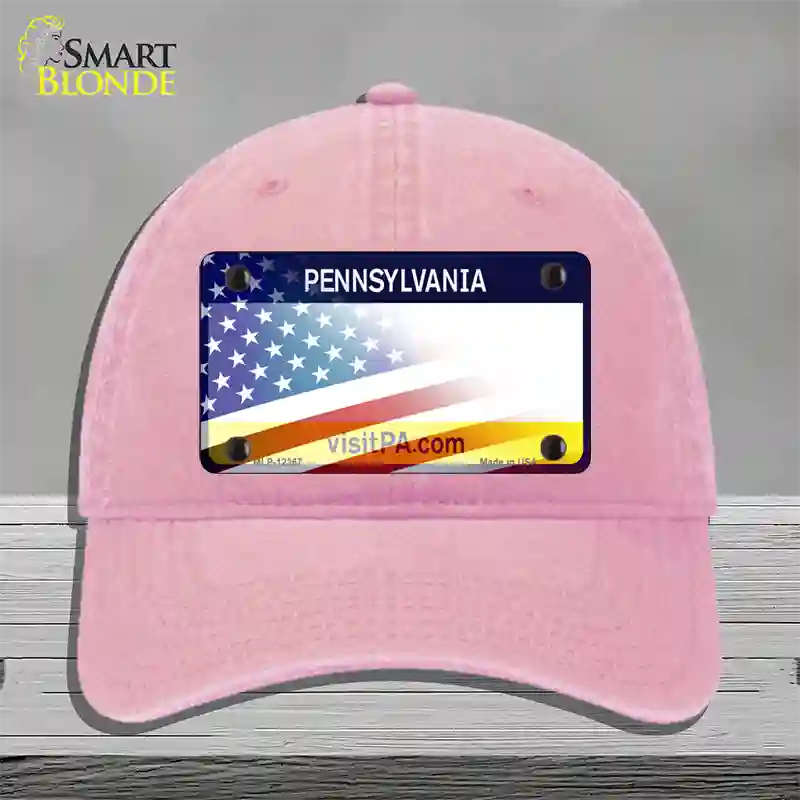 Pennsylvania with American Flag Novelty License Plate Hat Unconstructed Cotton / Pink