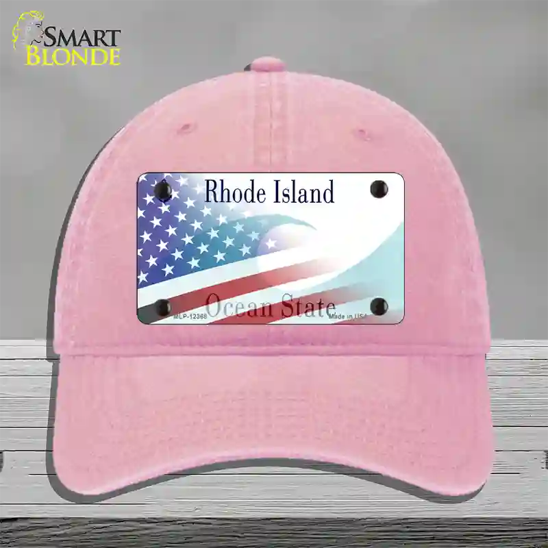 Rhode Island with American Flag Novelty License Plate Hat Unconstructed Cotton / Pink