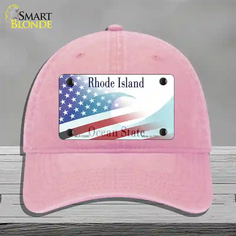 Rhode Island with American Flag Novelty License Plate Hat Unconstructed Cotton / Pink