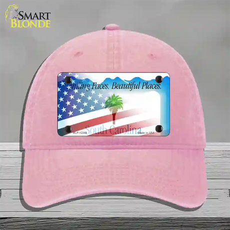 South Carolina with American Flag Novelty License Plate Hat Unconstructed Cotton / Pink