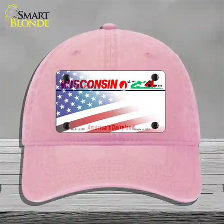 Wisconsin with American Flag Novelty License Plate Hat Unconstructed Cotton / Pink