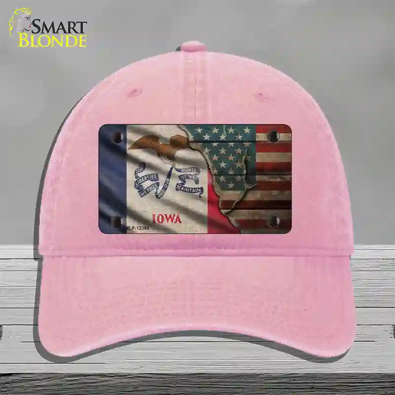 Iowa/American Flag Novelty License Plate Hat Unconstructed Cotton / Pink