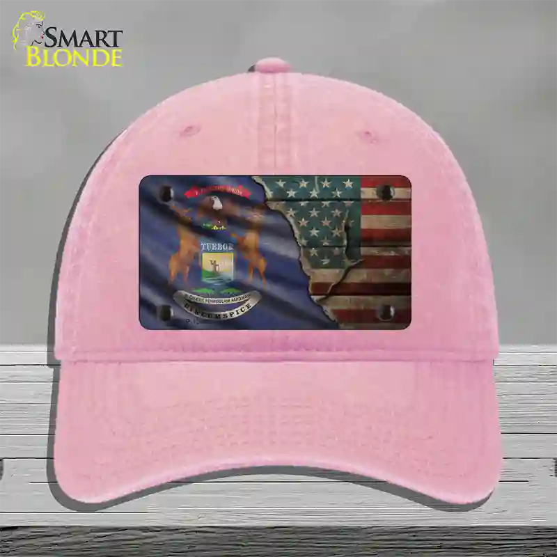 Michigan/American Flag Novelty License Plate Hat Unconstructed Cotton / Pink