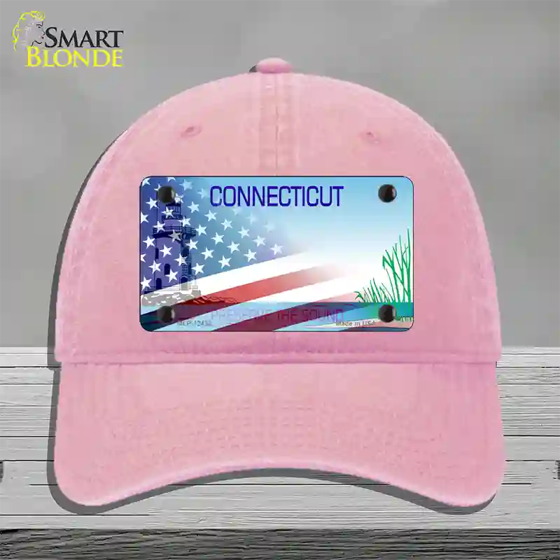 Connecticut Preserve with American Flag Novelty License Plate Hat Unconstructed Cotton / Pink