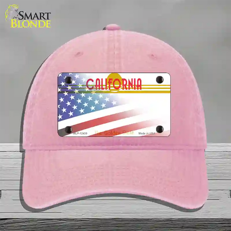 California Golden with American Flag Novelty License Plate Hat Unconstructed Cotton / Pink