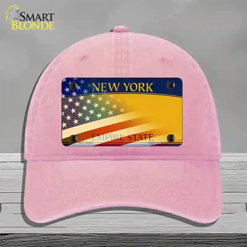 New York Yellow with American Flag Novelty License Plate Hat Unconstructed Cotton / Pink