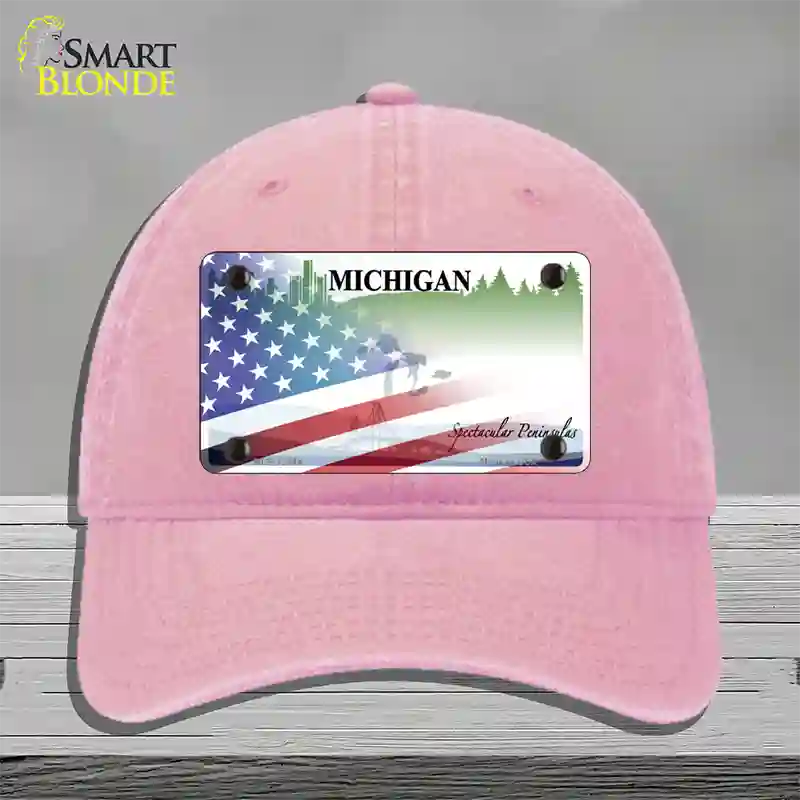 Michigan Peninsulas Plate American Flag Novelty License Plate Hat Unconstructed Cotton / Pink