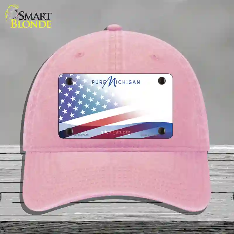 Pure Michigan Plate American Flag Novelty License Plate Hat Unconstructed Cotton / Pink