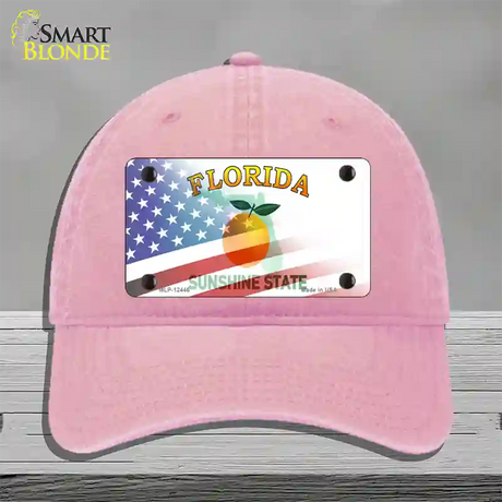 Florida Orange with American Flag Novelty License Plate Hat Unconstructed Cotton / Pink