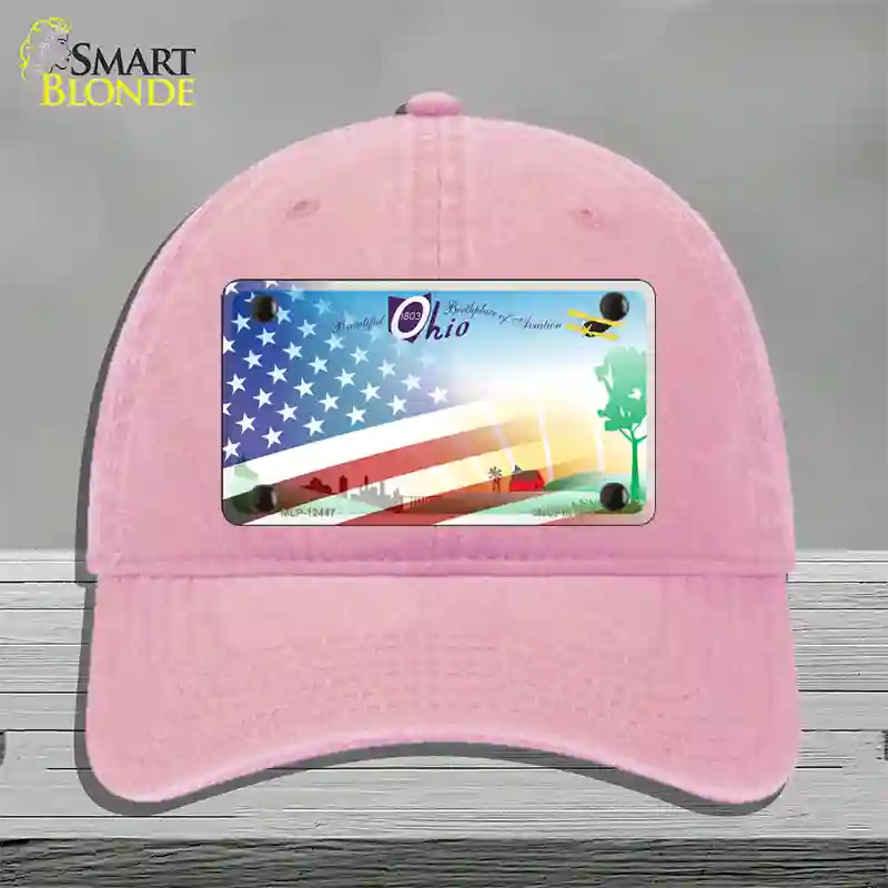 Ohio Birthplace with American Flag Novelty License Plate Hat Unconstructed Cotton / Pink